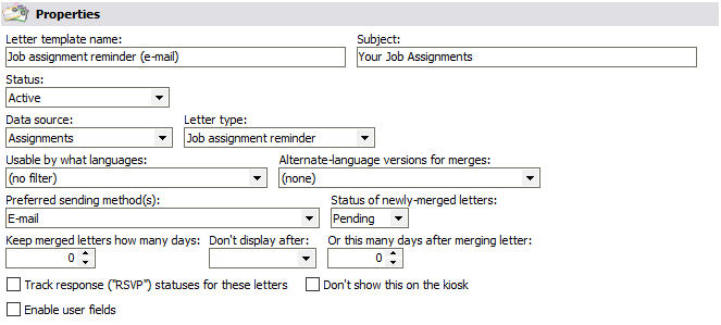 Letter template properties window for a job assignement reminder