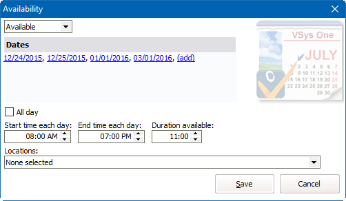Availability editor window showing specific available dates