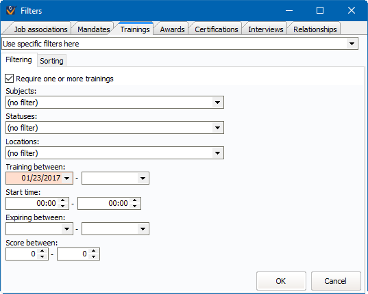 Detail filtering/sorting window showing filtering on trainings